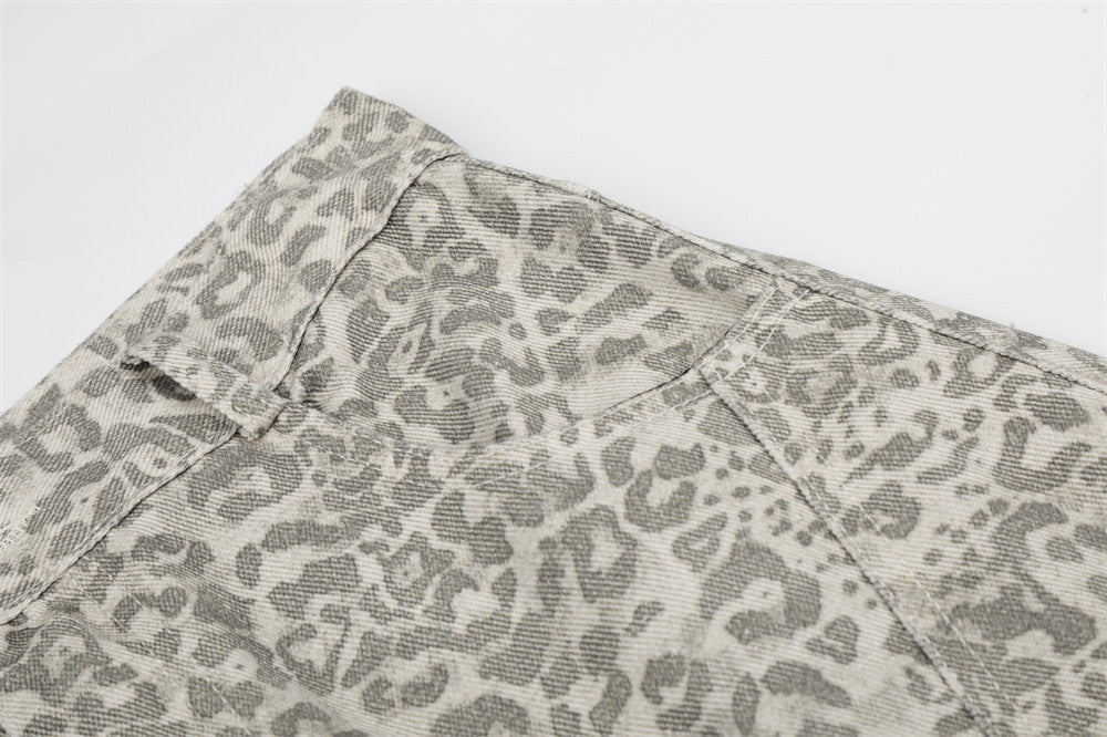 Leopard Print Colorblock Cargo Wide-Leg Jeans