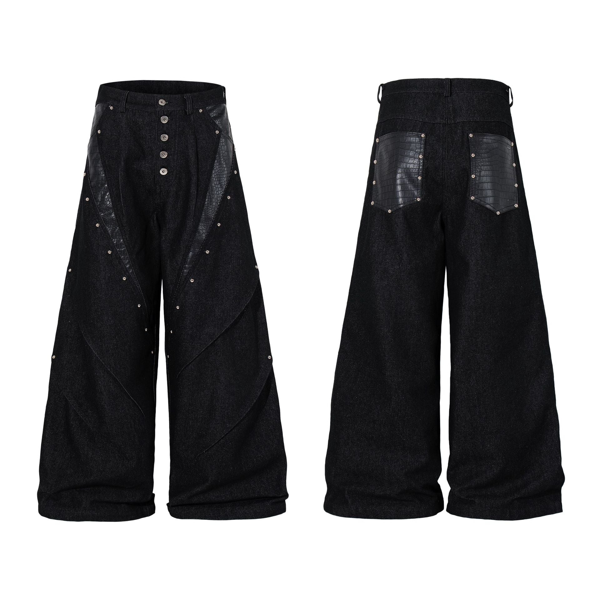 Jean taille haute baggy – Denim noir large avec empiècements effet croco et détails argentés