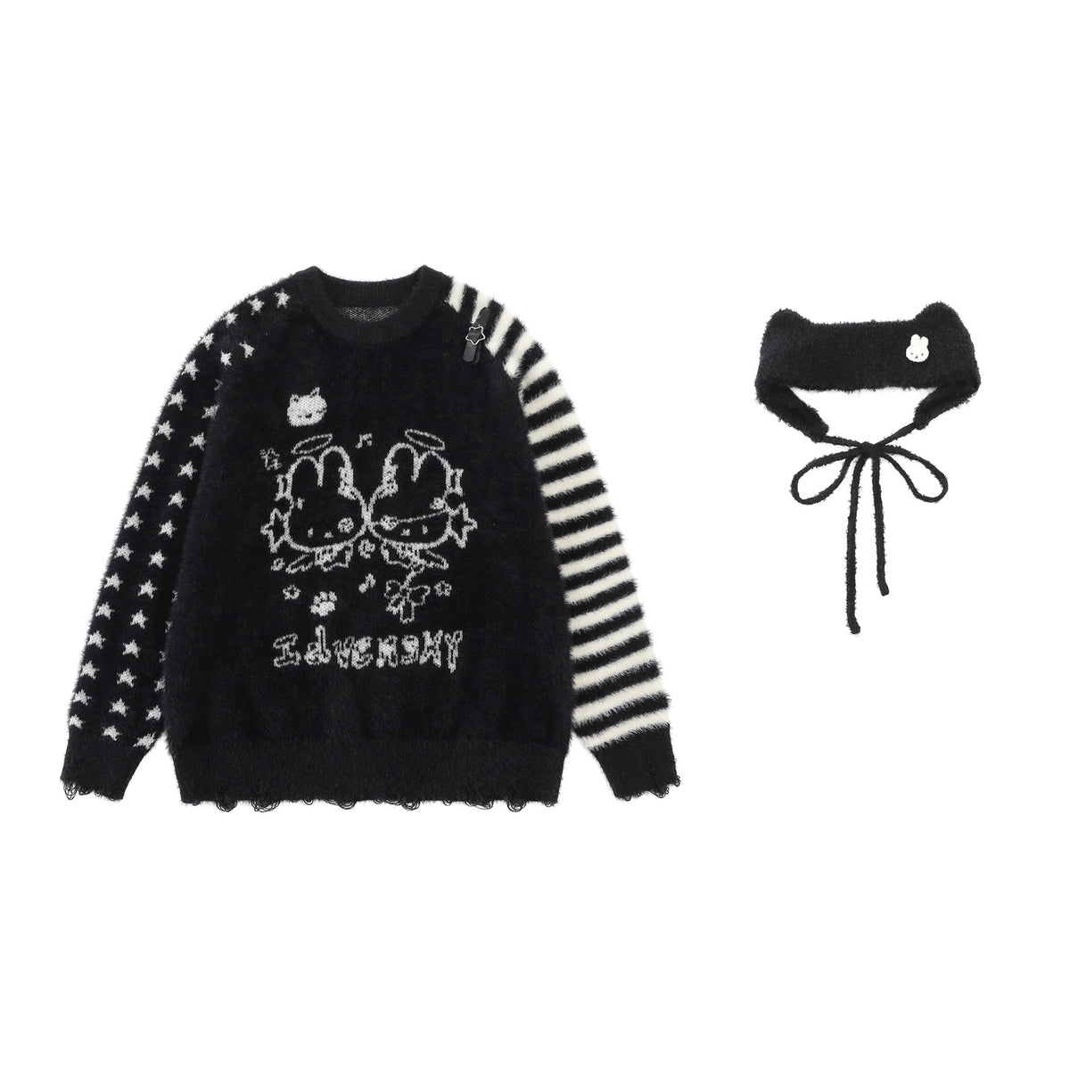 Cartoon Rabbit Angel Knit Sweater – Mixed Star & Stripe Fuzzy Pullover with