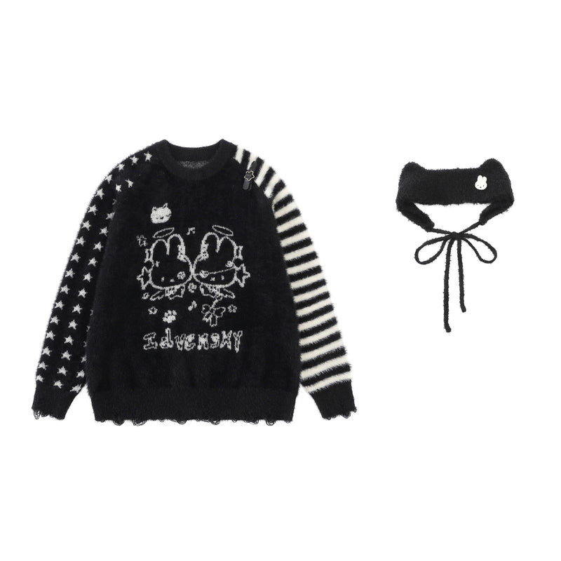 Cartoon Rabbit Angel Knit Sweater – Mixed Star & Stripe Fuzzy Pullover with