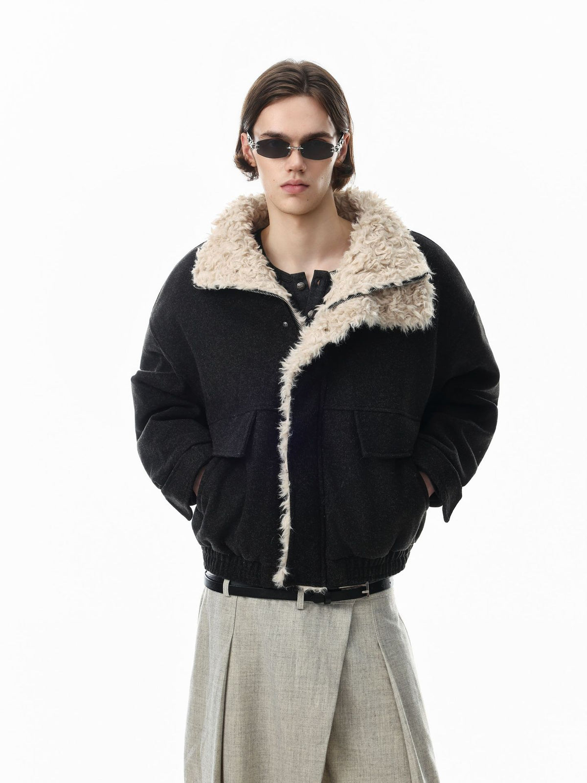 Wool-Blend Bomber Jacket with Sherpa Lining and Fleece Collar Trim