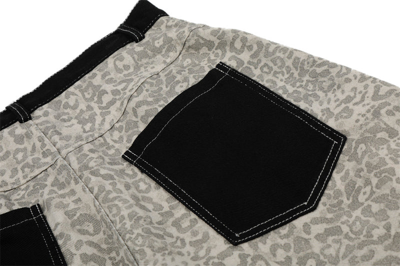 Retro Leopard Print Wide-Leg Baggy Jeans with Contrast Stripe & Pocket Detail