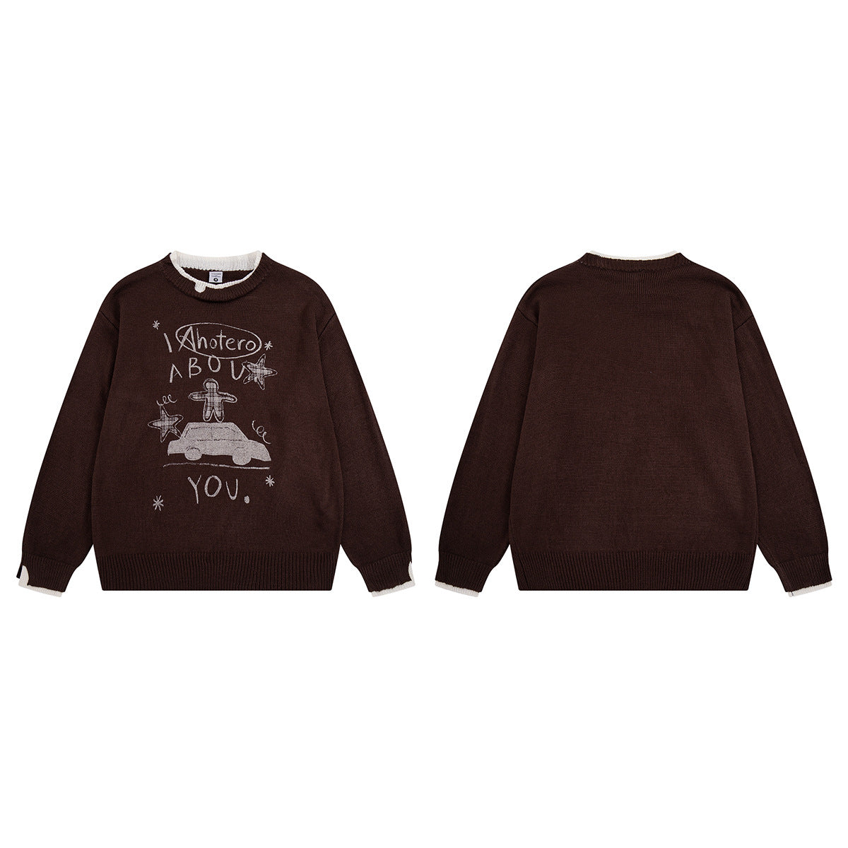 Crew Neck Graphic Knit Sweater – Retro American Campus Style