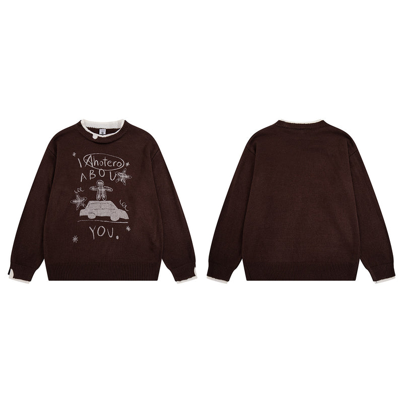 Crew Neck Graphic Knit Sweater – Retro American Campus Style