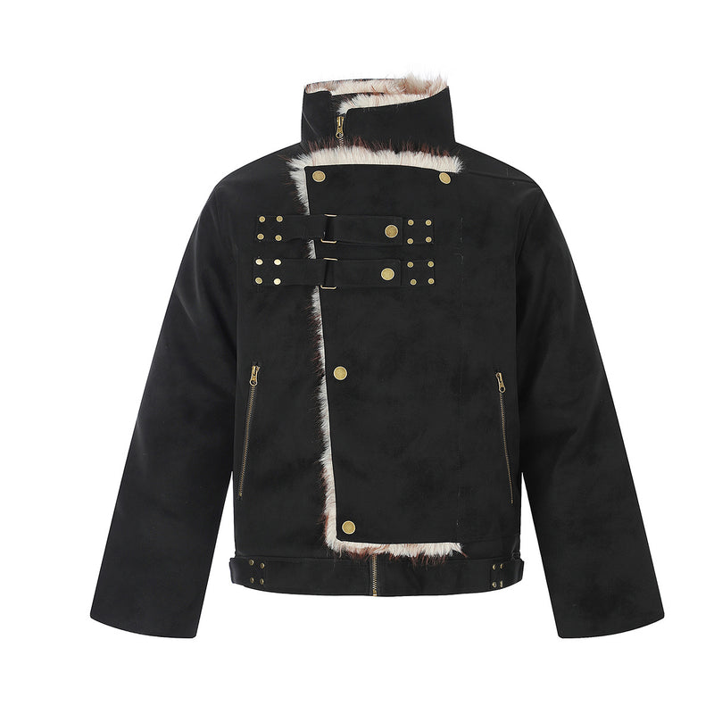 Faux Suede Shearling-Lined Moto Jacket with Buckle Straps