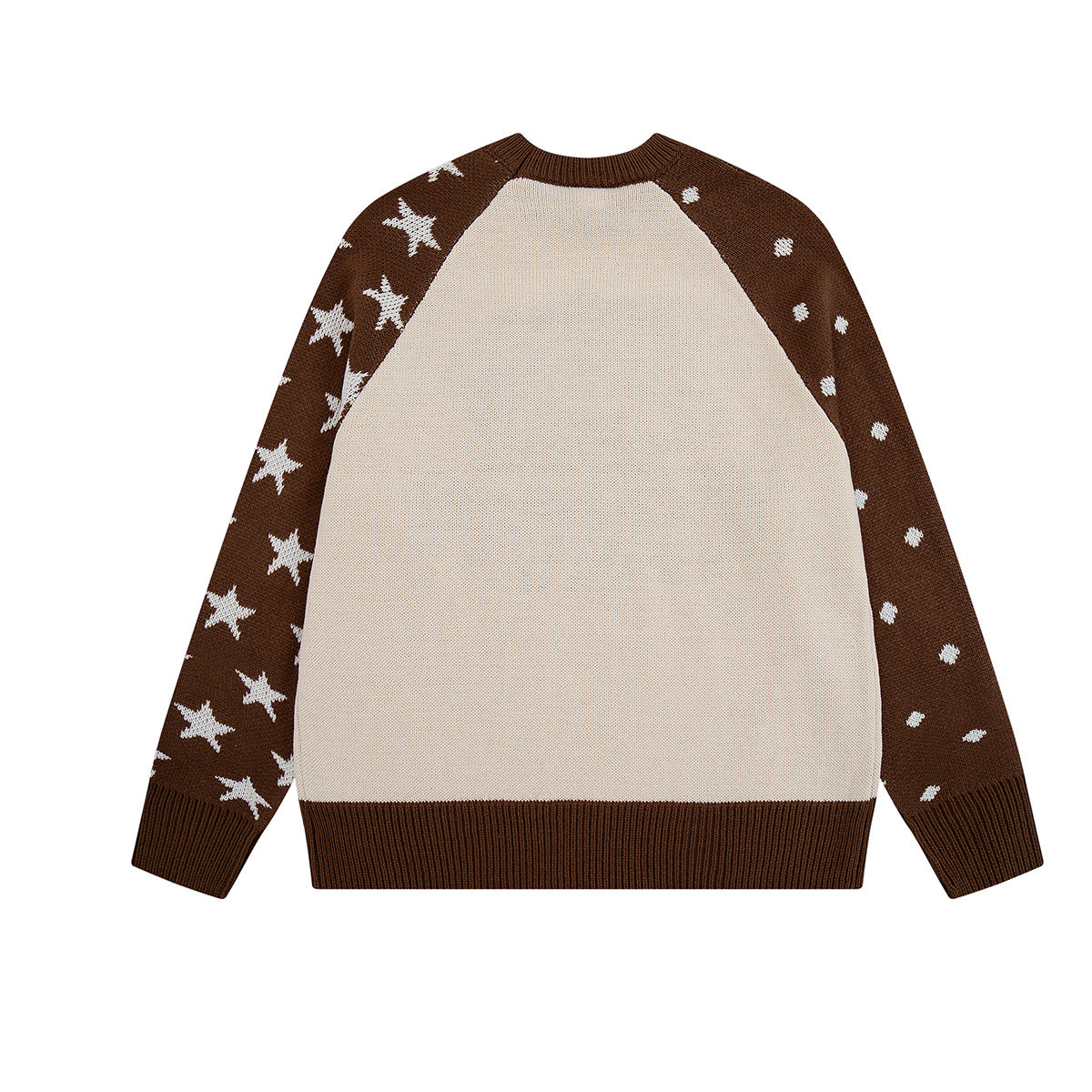 Pull marron à col rond – Maille color-block chats cartoon et étoiles