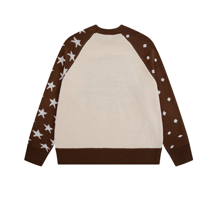 Pull marron à col rond – Maille color-block chats cartoon et étoiles