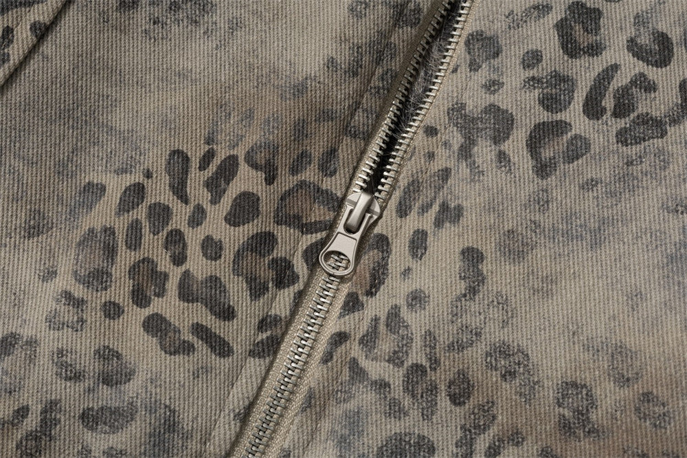 Leopard Print Zip-Up Jacket with Faux Fur Collar & Sherpa Lining