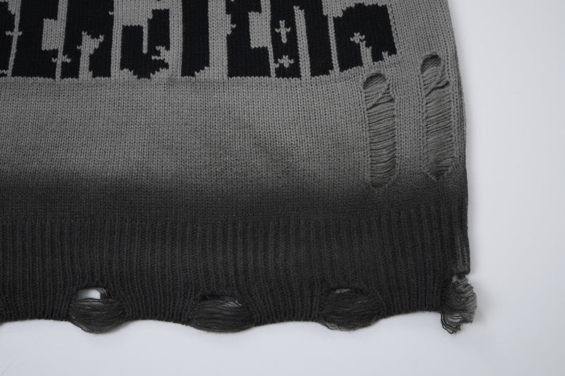 Pull col rond en maille – Graffiti usé, dégradé délavé à l’acide