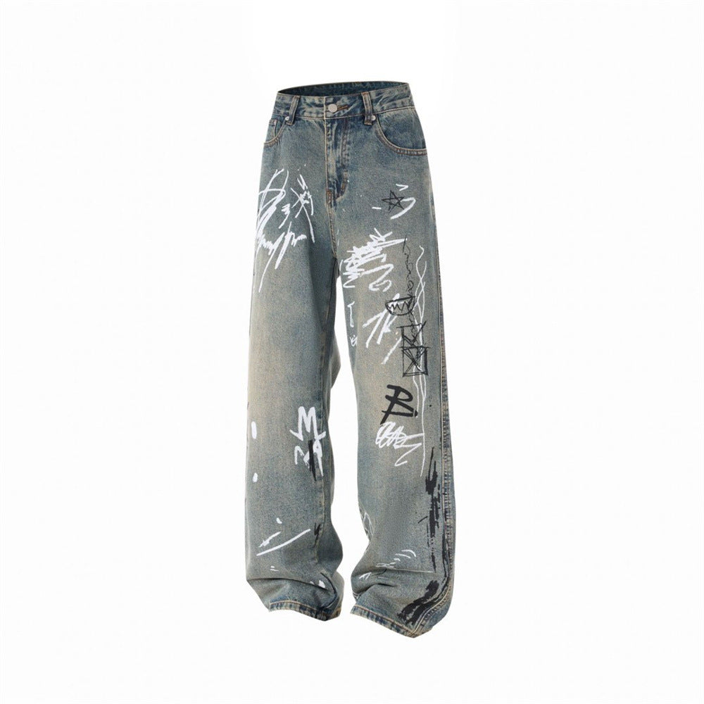 Graffiti Print Wide-Leg Jeans – Punk Streetwear Straight Baggy Denim