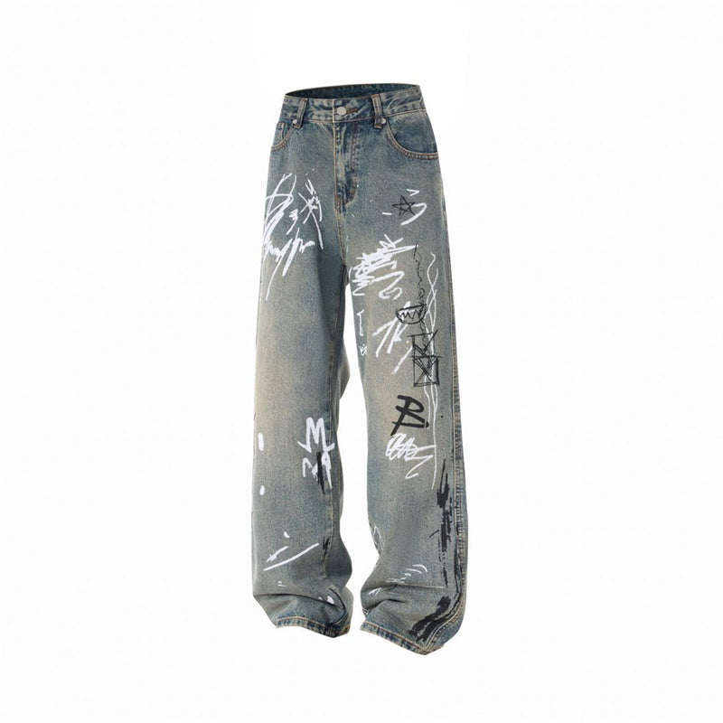 Graffiti Print Wide-Leg Jeans – Punk Streetwear Straight Baggy Denim