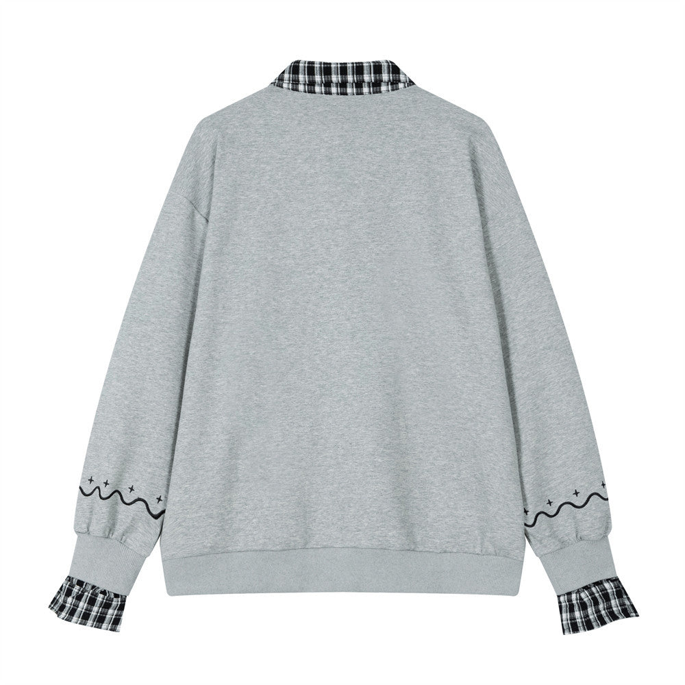 Layered-Look Plaid Collar Sweatshirt with Cartoon Sheep Appliqué