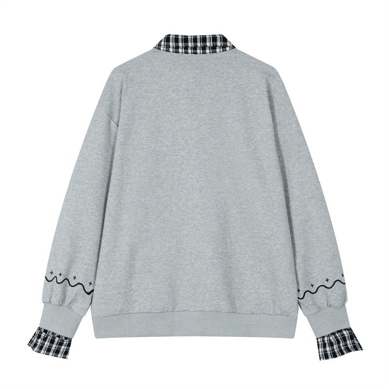 Layered-Look Plaid Collar Sweatshirt with Cartoon Sheep Appliqué