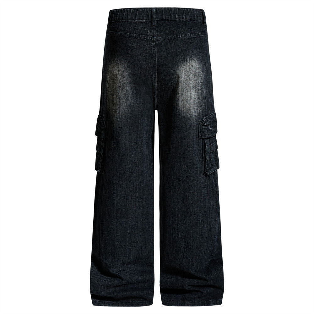 Vaqueros cargo para hombre — Pantalón vaquero de pierna ancha con múltiples bolsillos y lavado desgastado