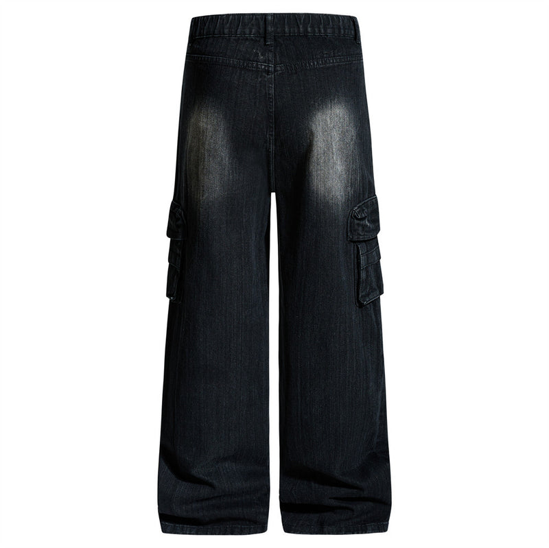 Vaqueros cargo para hombre — Pantalón vaquero de pierna ancha con múltiples bolsillos y lavado desgastado