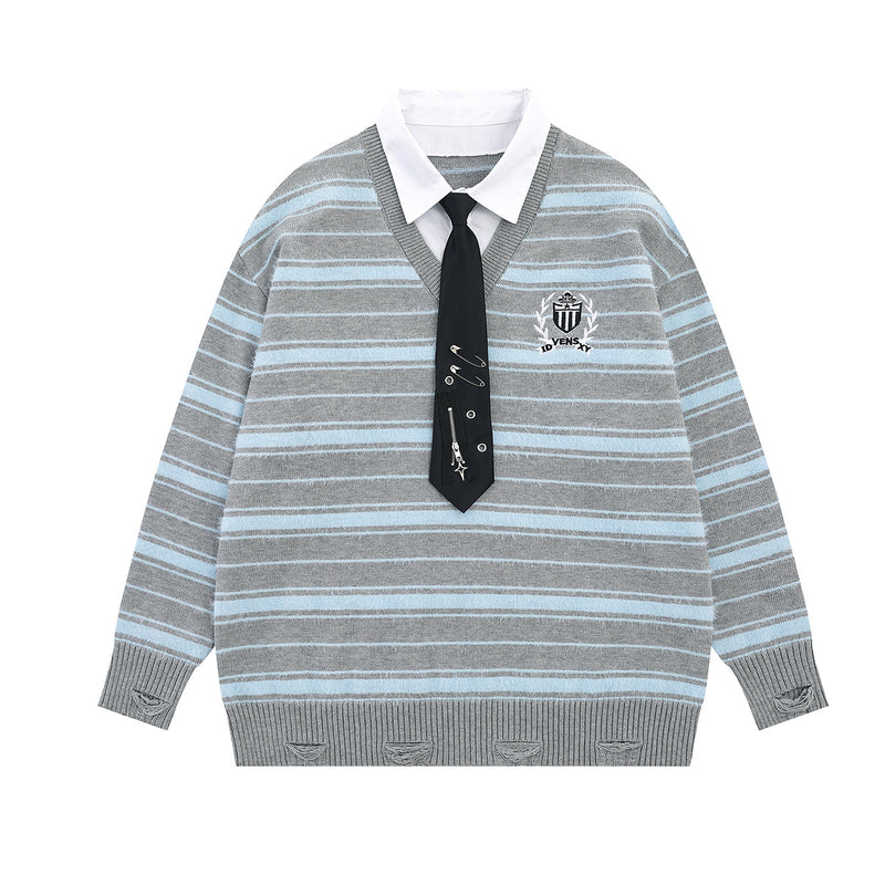 Striped Knit Sweater with Layered Shirt Collar and Tie Detail, Preppy Academy
