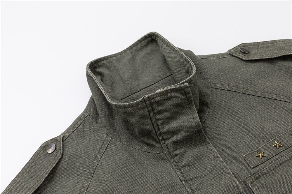 Men's Olive Military Field Jacket – Star Studs, Multi-Pocket, Drawstring Waist