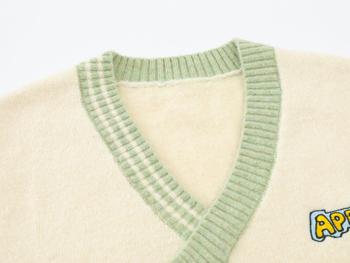 Cartoon Embroidered Knit Sweater Vest – V-Neck Colorblock College Style