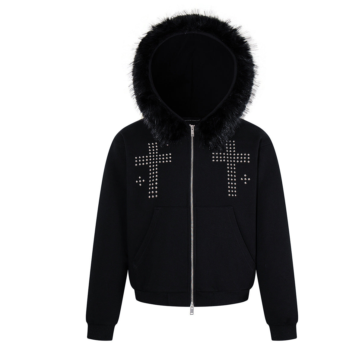 Black Zip-Up Hoodie with Faux Fur Hood & Silver Cross Studs