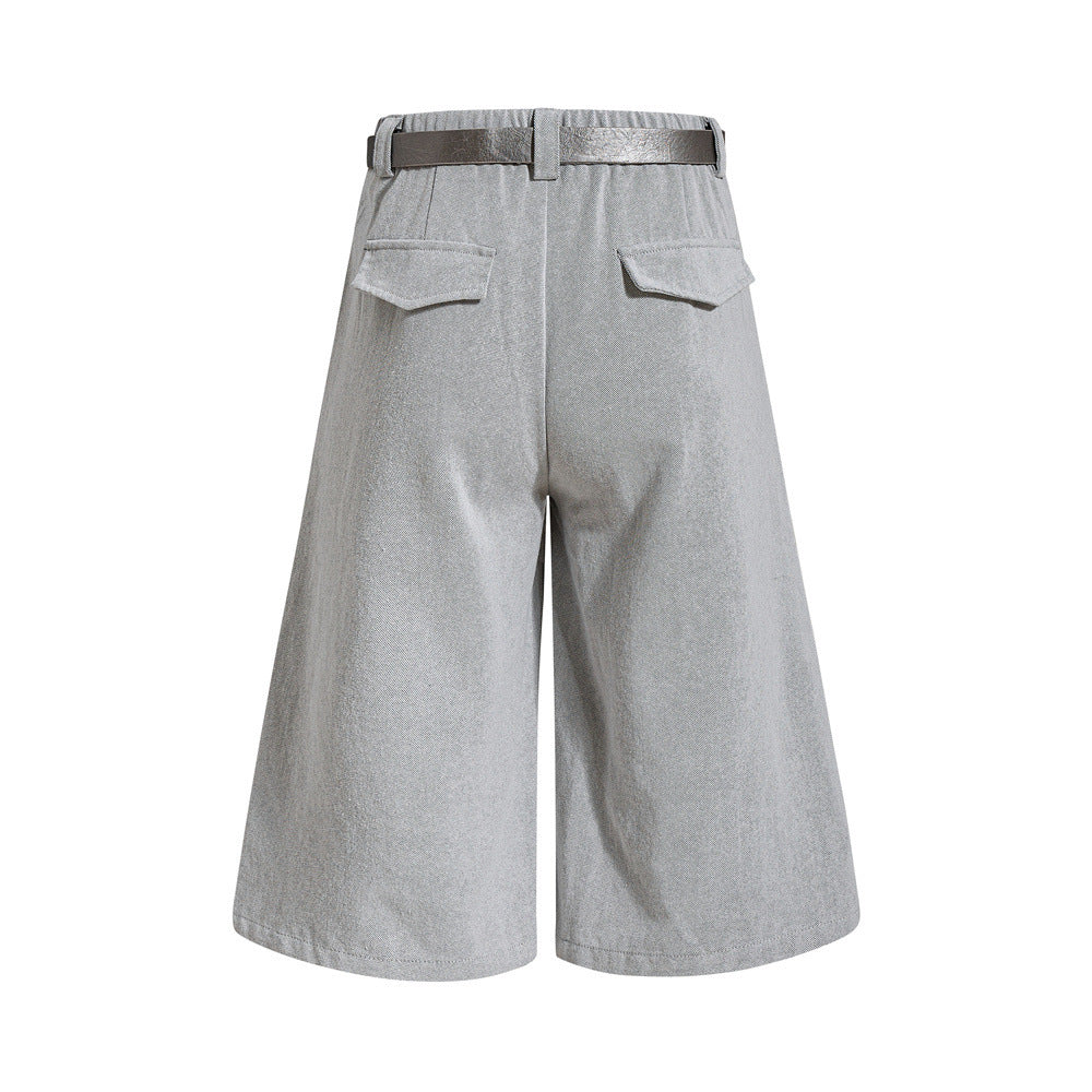 Wide-Leg Pleated Cropped Shorts with Belt – Men's Relaxed Fit