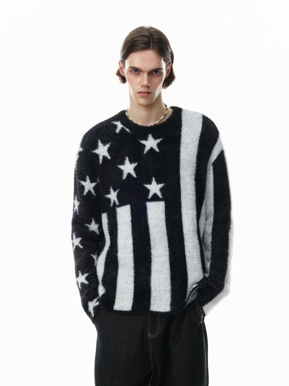 Black and white fuzzy knit crew-neck sweater with American flag stars and stripes pattern, front and back view