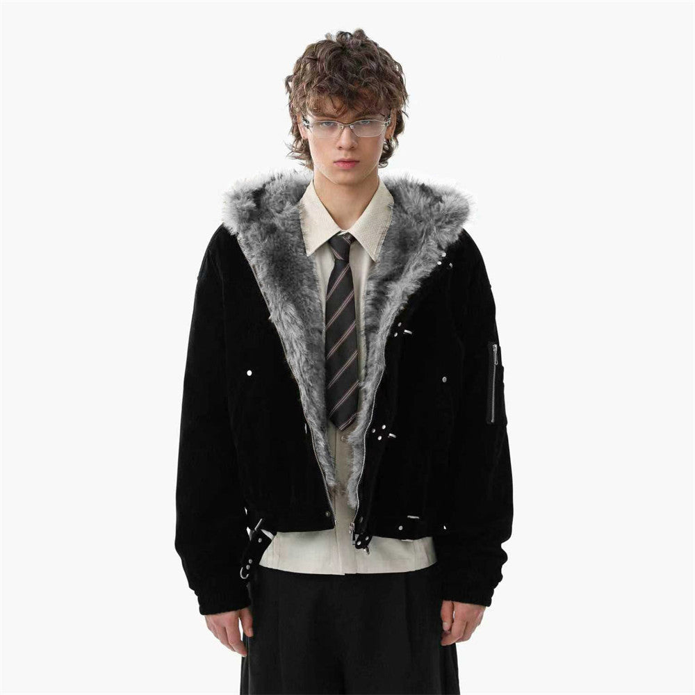 Faux Mink Fur-Trimmed Hooded Bomber Jacket with Toggle Clasps