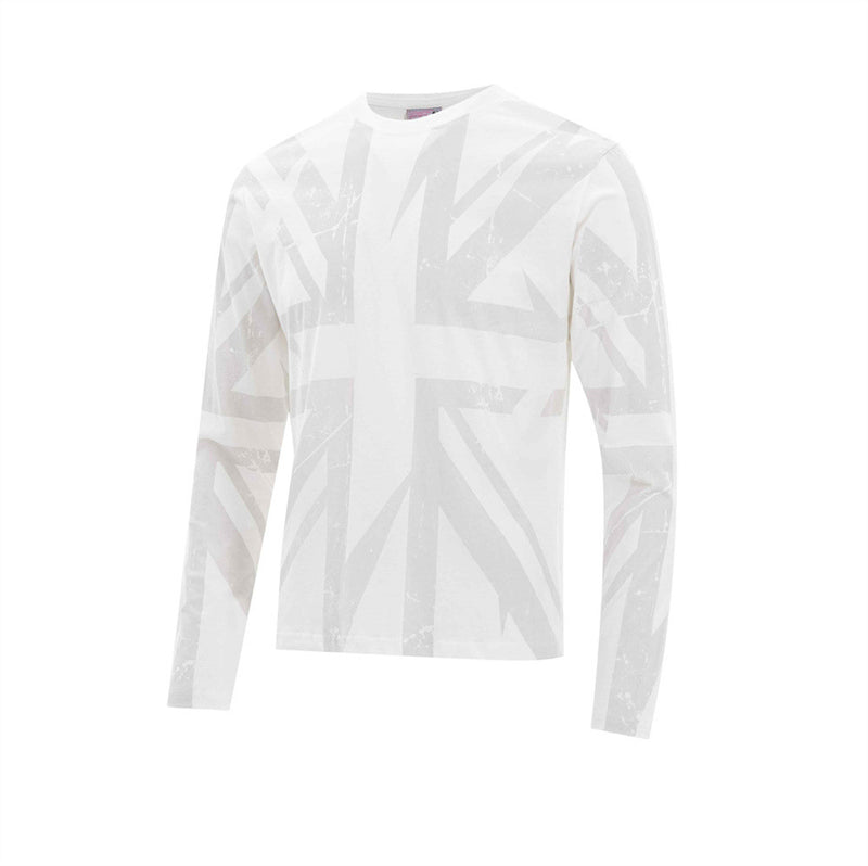 White long sleeve tee with distressed Union Jack print, angled front view