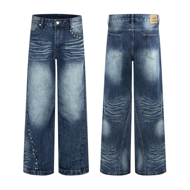 Men's Wide-Leg Jeans – Washed Dark Blue Denim with Stud Trim & Wavy Whisker