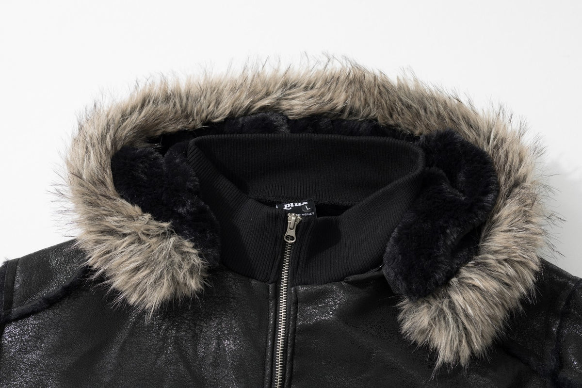 Faux Leather Bomber Jacket with Fur-Trim Hood & Fleece Lining — Black