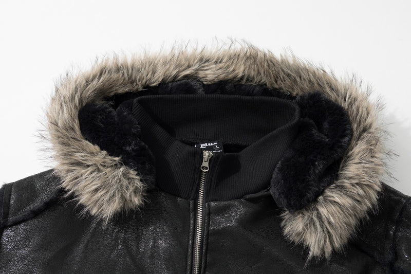 Faux Leather Bomber Jacket with Fur-Trim Hood & Fleece Lining — Black