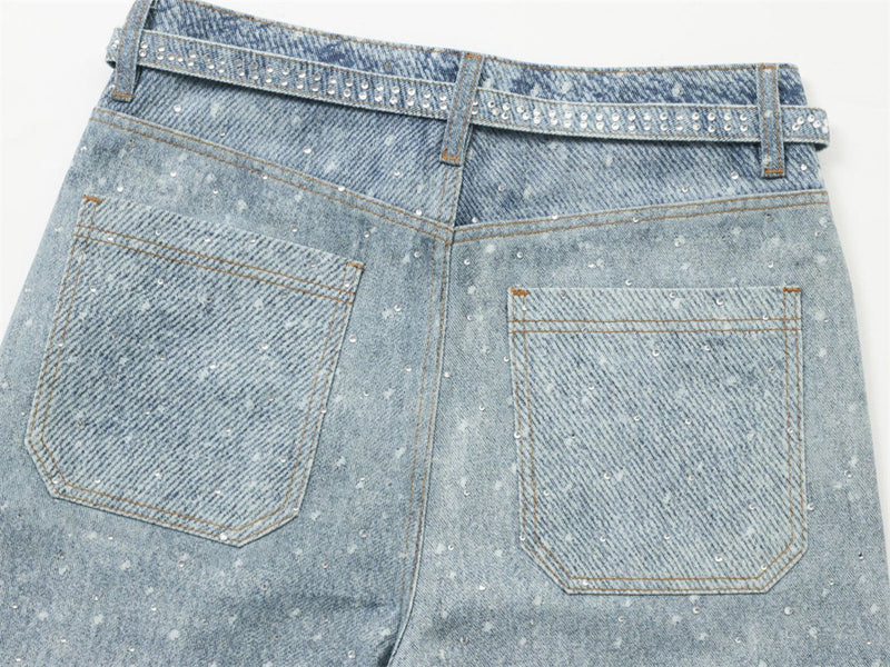 Y2K Baggy Jeans Mens Wide-Leg Rhinestone Embellished Denim Pants