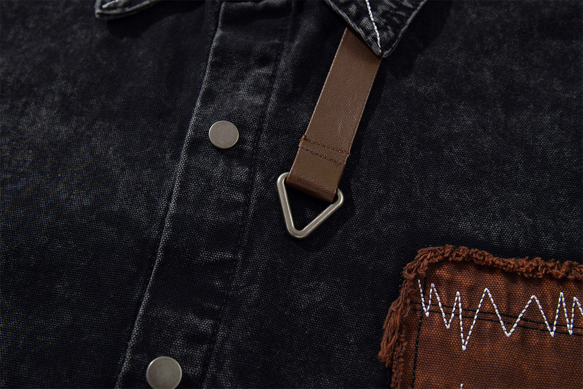 Washed Denim Shirt Jacket with Patchwork Pocket & Embroidered Collar