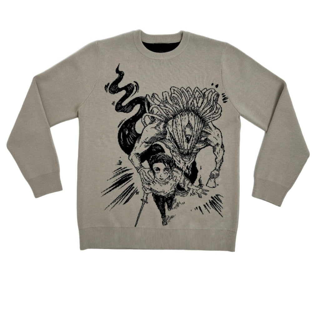 The Premium Yuta Okkotsu-Inspired Knit Sweater by Jujutsu Kaisen is a beige knitwear featuring a black jacquard illustration of Yuta Okkotsu crouched in the foreground and a larger, masked cursed spirit Rika swirling dramatically in the background.