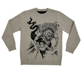 The Premium Yuta Okkotsu-Inspired Knit Sweater by Jujutsu Kaisen is a beige knitwear featuring a black jacquard illustration of Yuta Okkotsu crouched in the foreground and a larger, masked cursed spirit Rika swirling dramatically in the background.