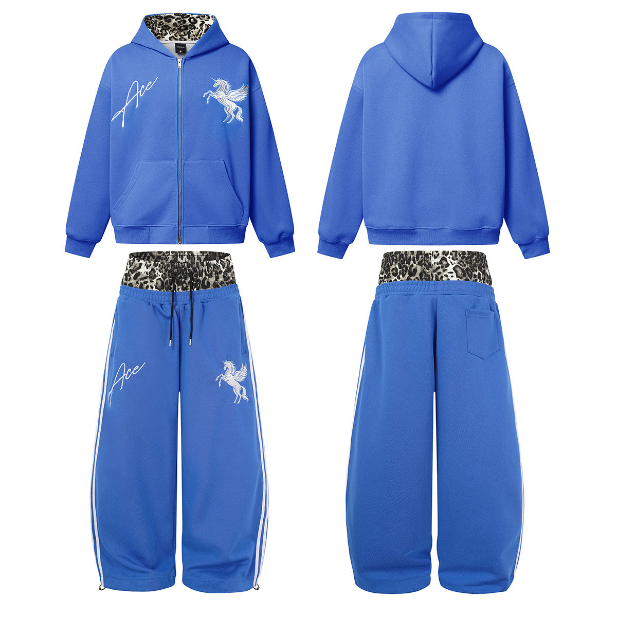 Ace Unicorn Zip-Up Hoodie & Wide-Leg Sweatpants Set with Leopard-Print Lining