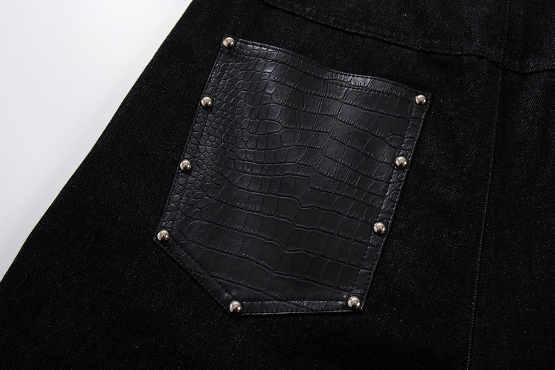Jean taille haute baggy – Denim noir large avec empiècements effet croco et détails argentés