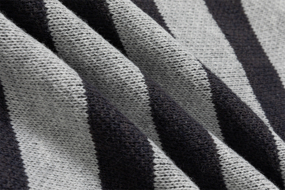 Striped Knit Zip-Up Hoodie – Men's Oversized Color-Block Cardigan Sweater