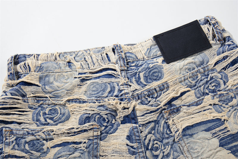 Rose Jacquard Distressed Wide-Leg Jeans – Blue Floral Fringe Denim