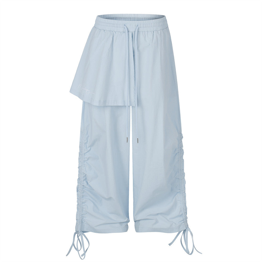 Wide-Leg Parachute Pants with Ruched Side Drawstring & Layered Flap Detail
