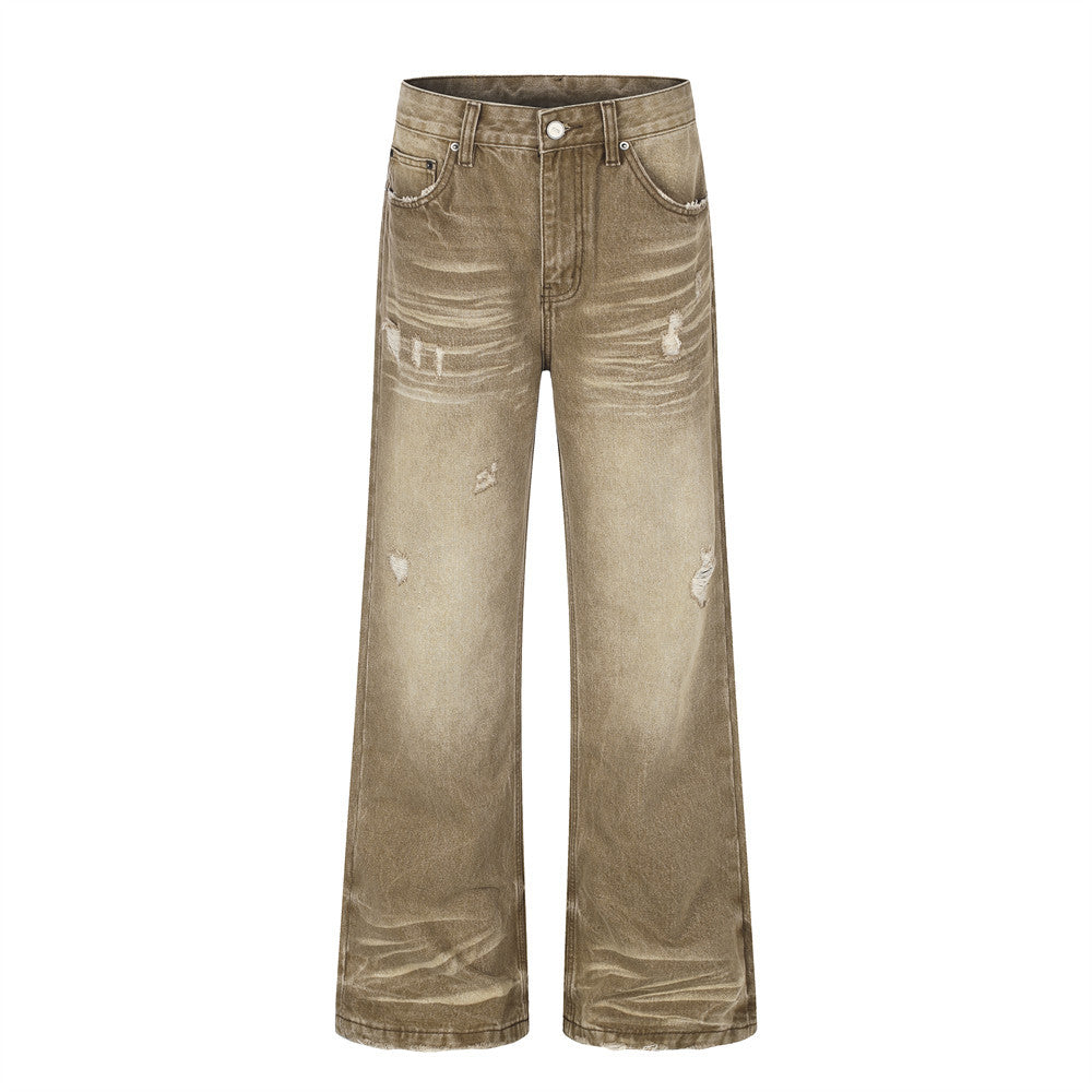 Men's Distressed Wide-Leg Flare Jeans – Vintage Sand-Washed Brown Denim