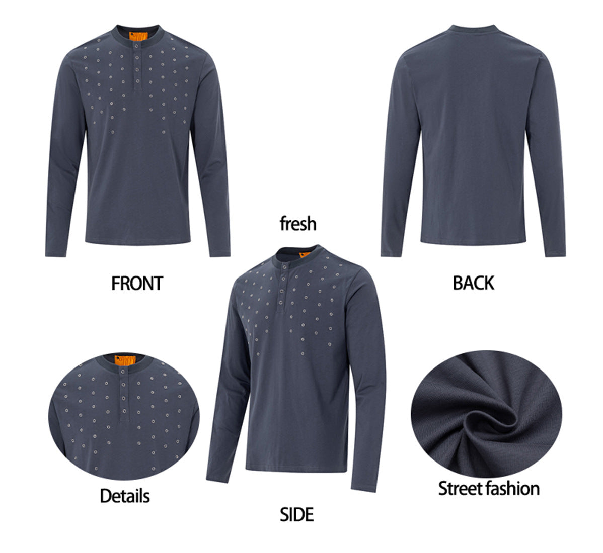 T-shirt Henley homme à manches longues avec détails à œillets – Coupe slim, style américain rétro