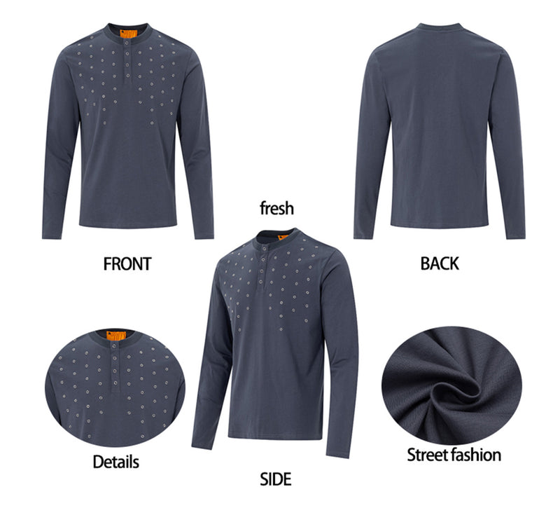 T-shirt Henley homme à manches longues avec détails à œillets – Coupe slim, style américain rétro