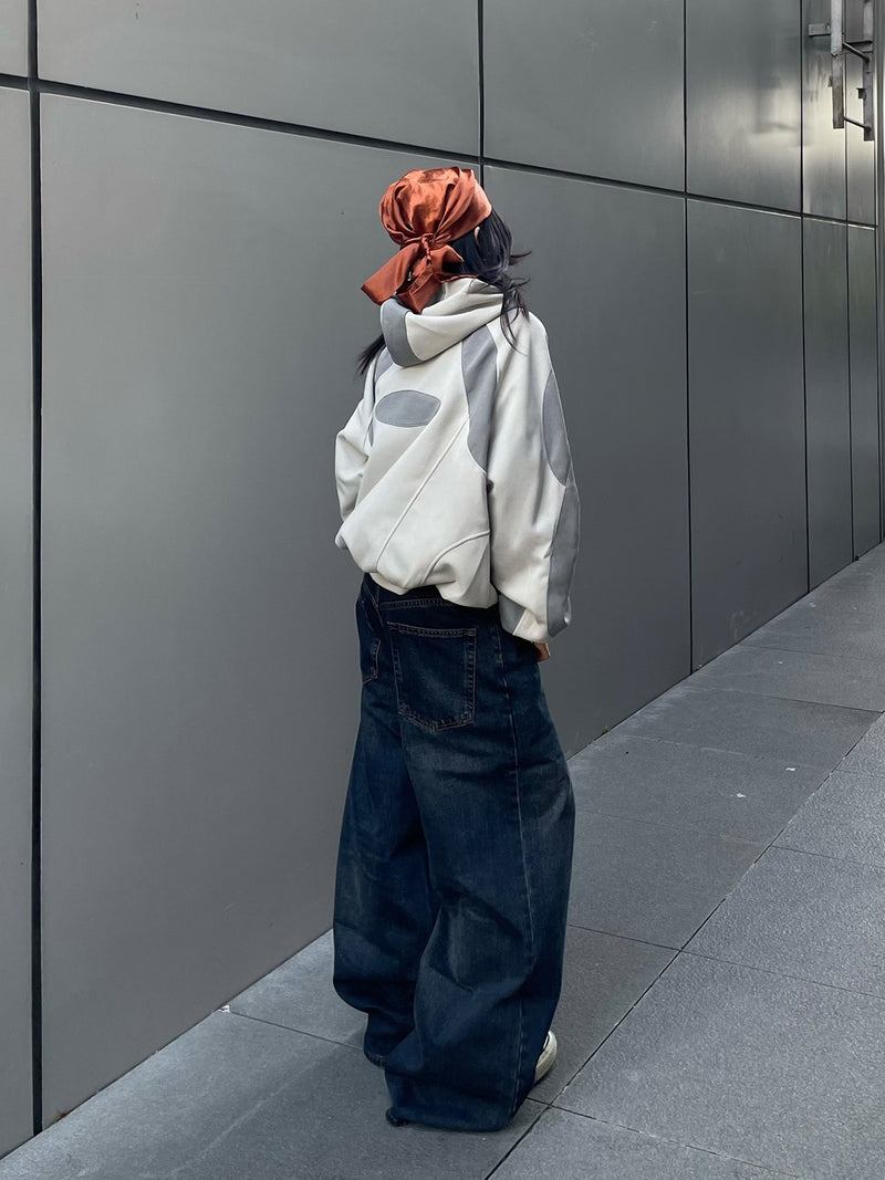 Oversize-Patchwork-Hoodie – grauer, zweifarbiger Streetwear-Pullover