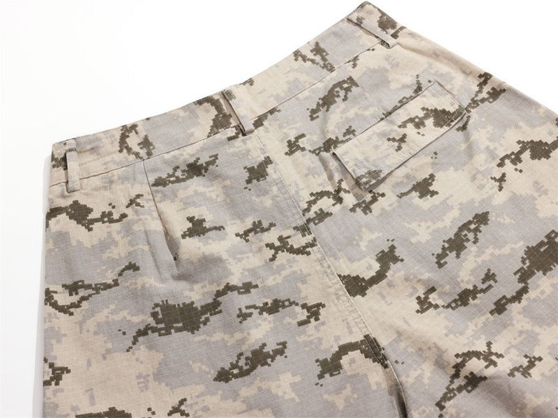 Close-up of back pocket and waistband on desert digital camo pants