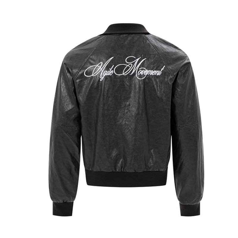 Blouson bomber en similicuir PU brodé – Style vintage racing et flight américain