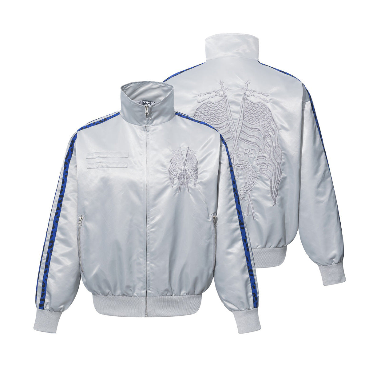 Blouson bomber satiné brodé à col montant et bandes léopard