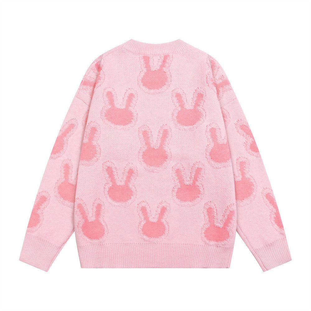 Light Pink Oversized Sweater – All-Over Bunny Jacquard Knit Pullover