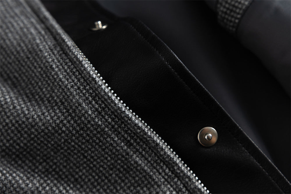 Men's Houndstooth Wool-Blend Bomber Jacket with Leather Collar & Cuffs