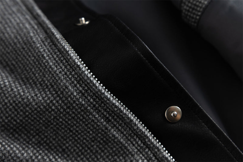 Men's Houndstooth Wool-Blend Bomber Jacket with Leather Collar & Cuffs