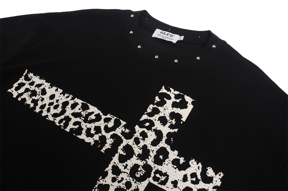 Men's Long Sleeve Shirt Leopard Cross Graphic Black Waffle-Knit Oversized Tee
